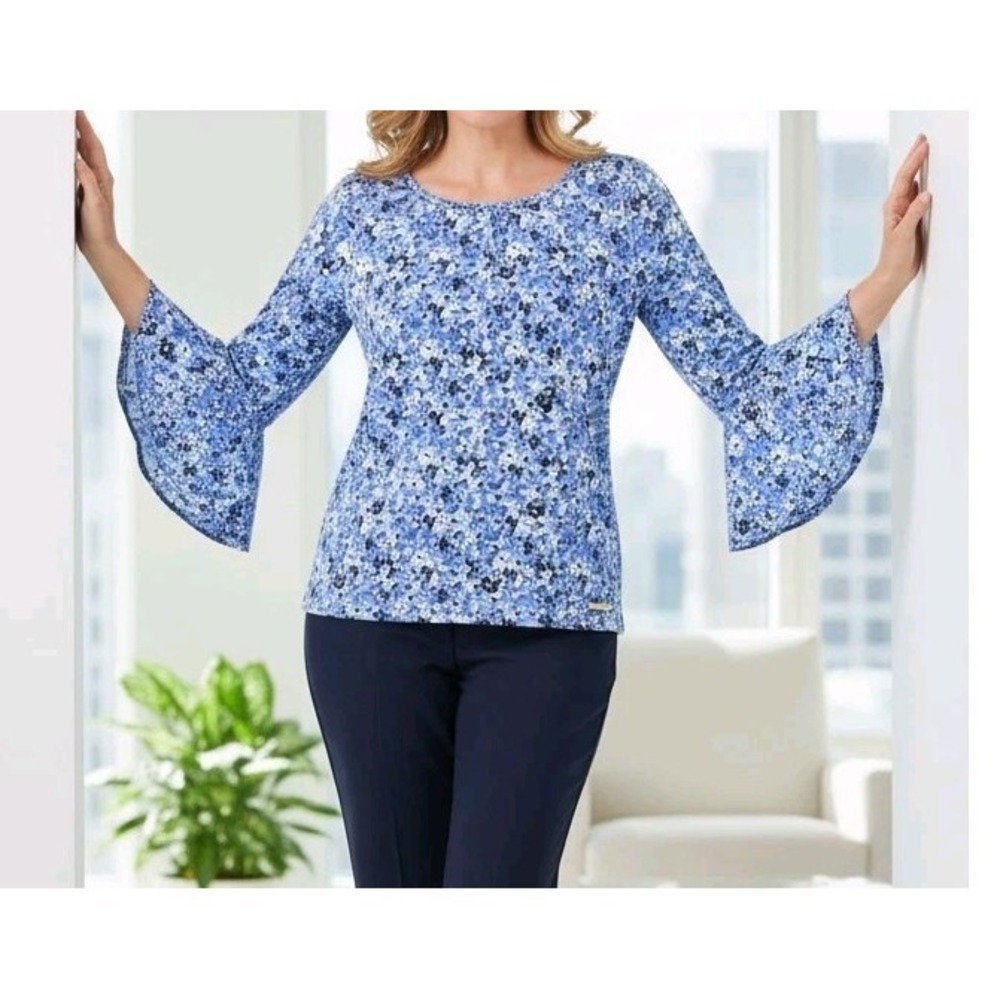 Michael Kors Blouse Womens Large Blue Floral Top Bell Sleeve Chic Workwear Shirt
